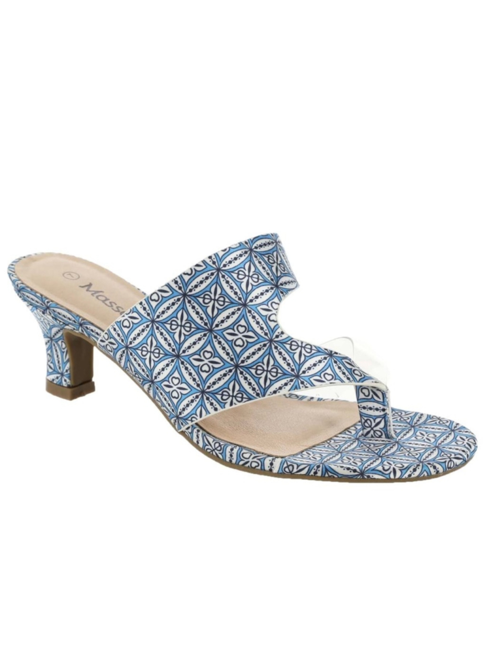 Masseys Arden Blue White Geometric Clear Strap Kitten Heel Slide Sandals SZ 8.5